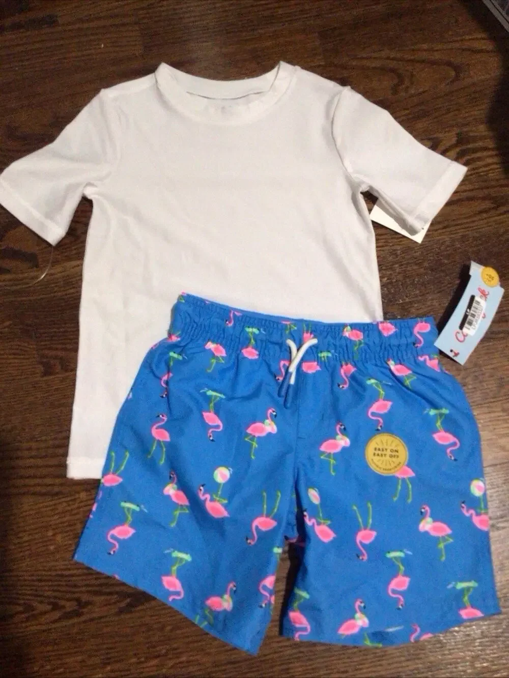 Cat & Jack Boys 3t Rash Guard Top & Flamingo Swim Shorts Blue/White Drawstring